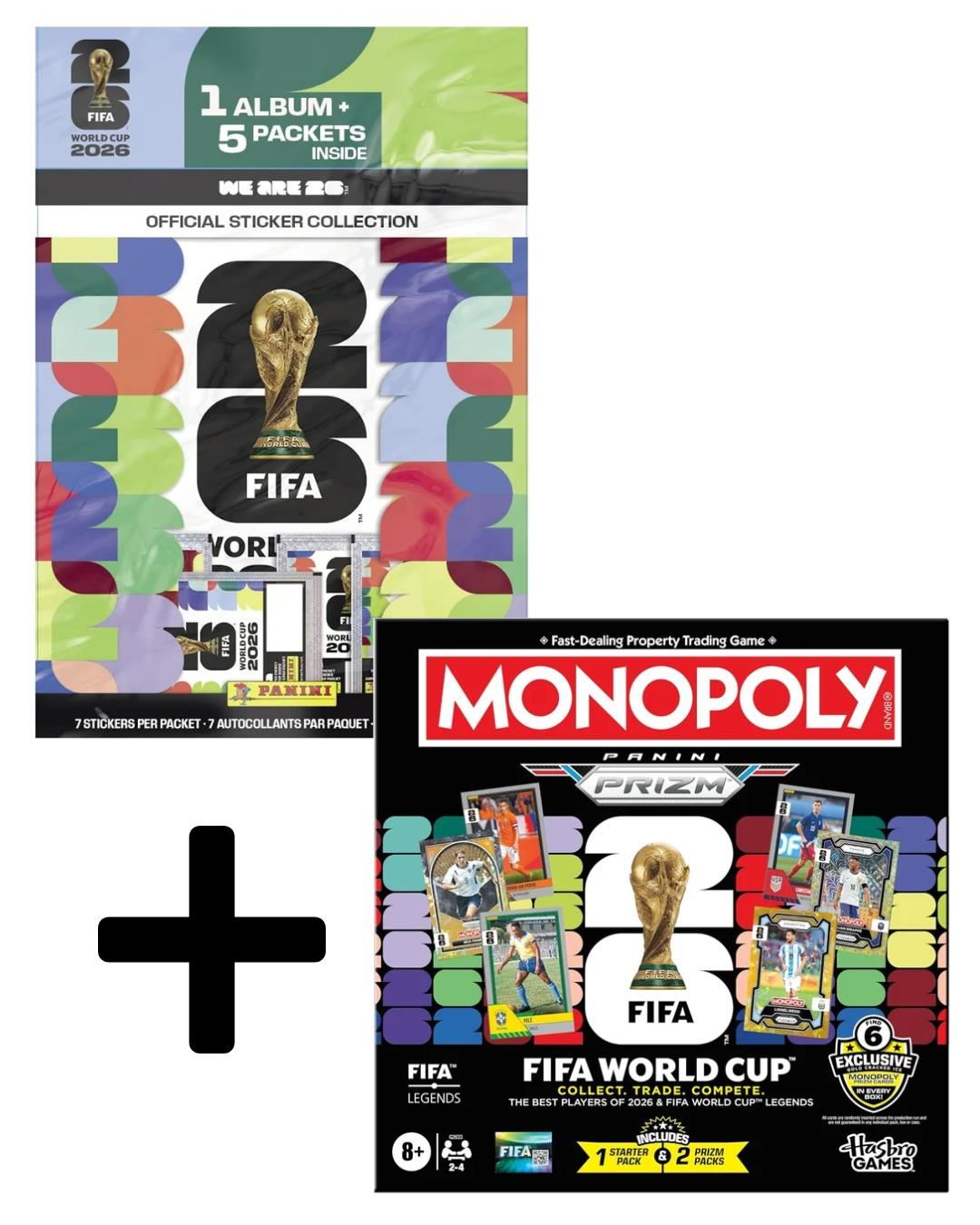 Mundial FIFA 2026 Combo Álbum Mundial Panini + Monopoly Panini Prizm Juego de mesa de fútbol con cromos coleccionables